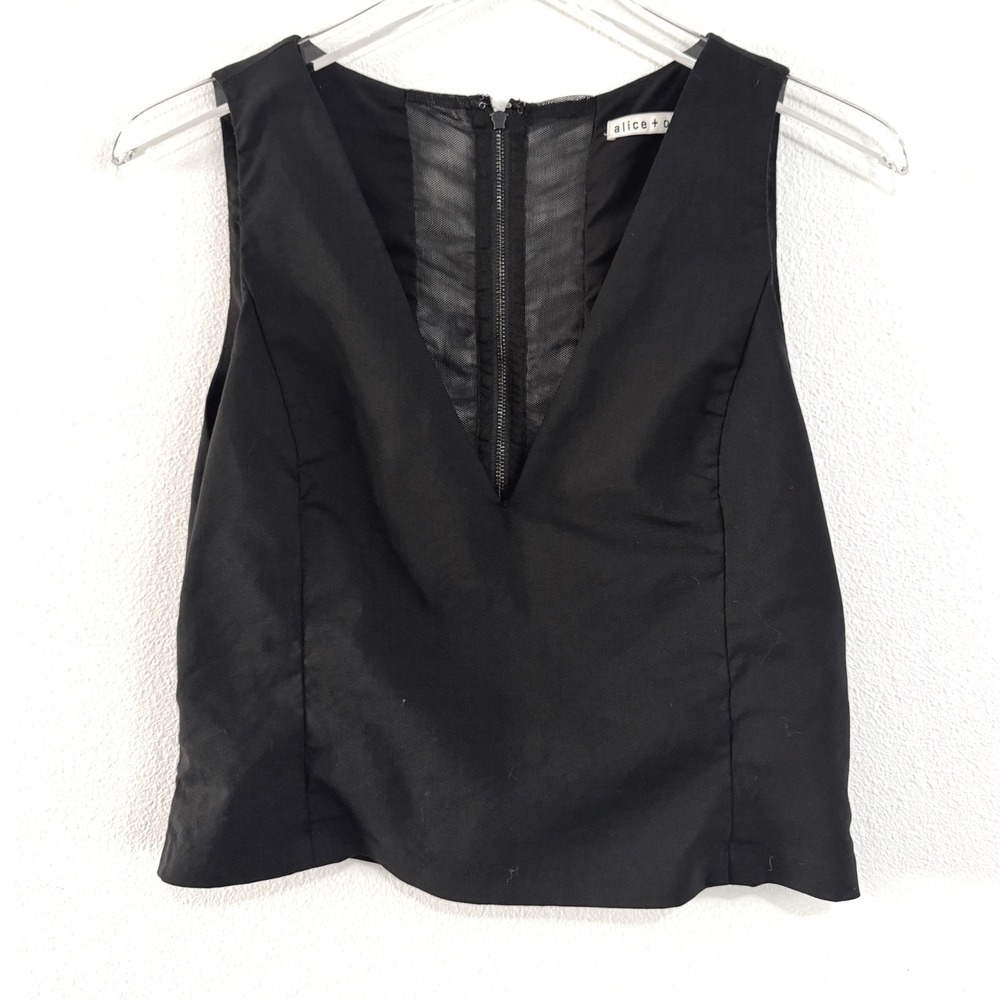 Alice + Olivia | Black V-Neck Sleeveless Crop Top Mesh Back Zipper